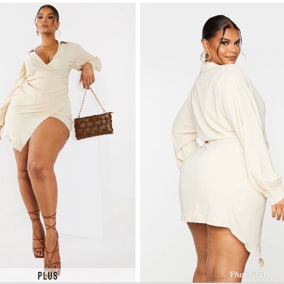 PrettyLittleThing PLUS CREAM WRAP SHIRT DRESS - Picture 1 of 8